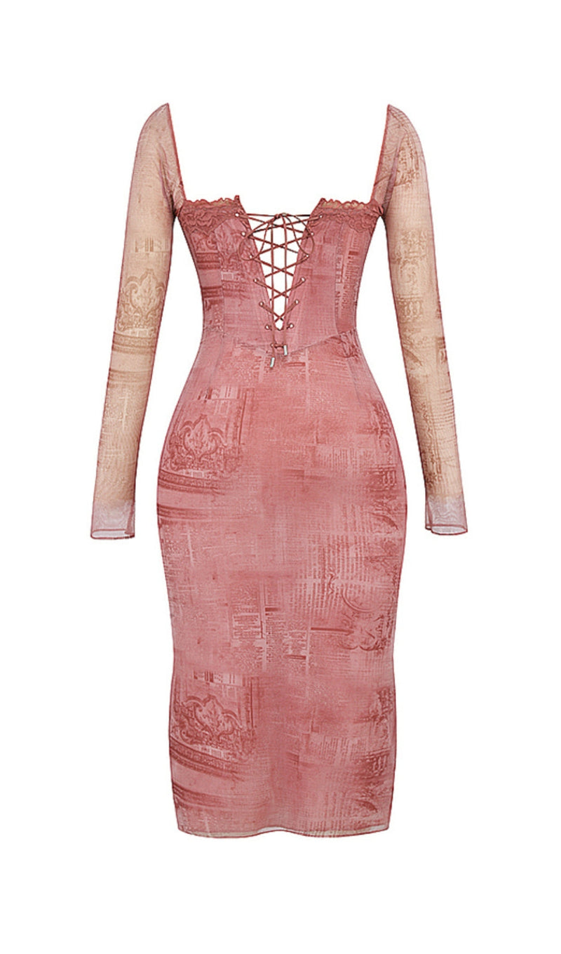 PRINTED LACE UP MIDI DRESS IN PINK-Fashionslee