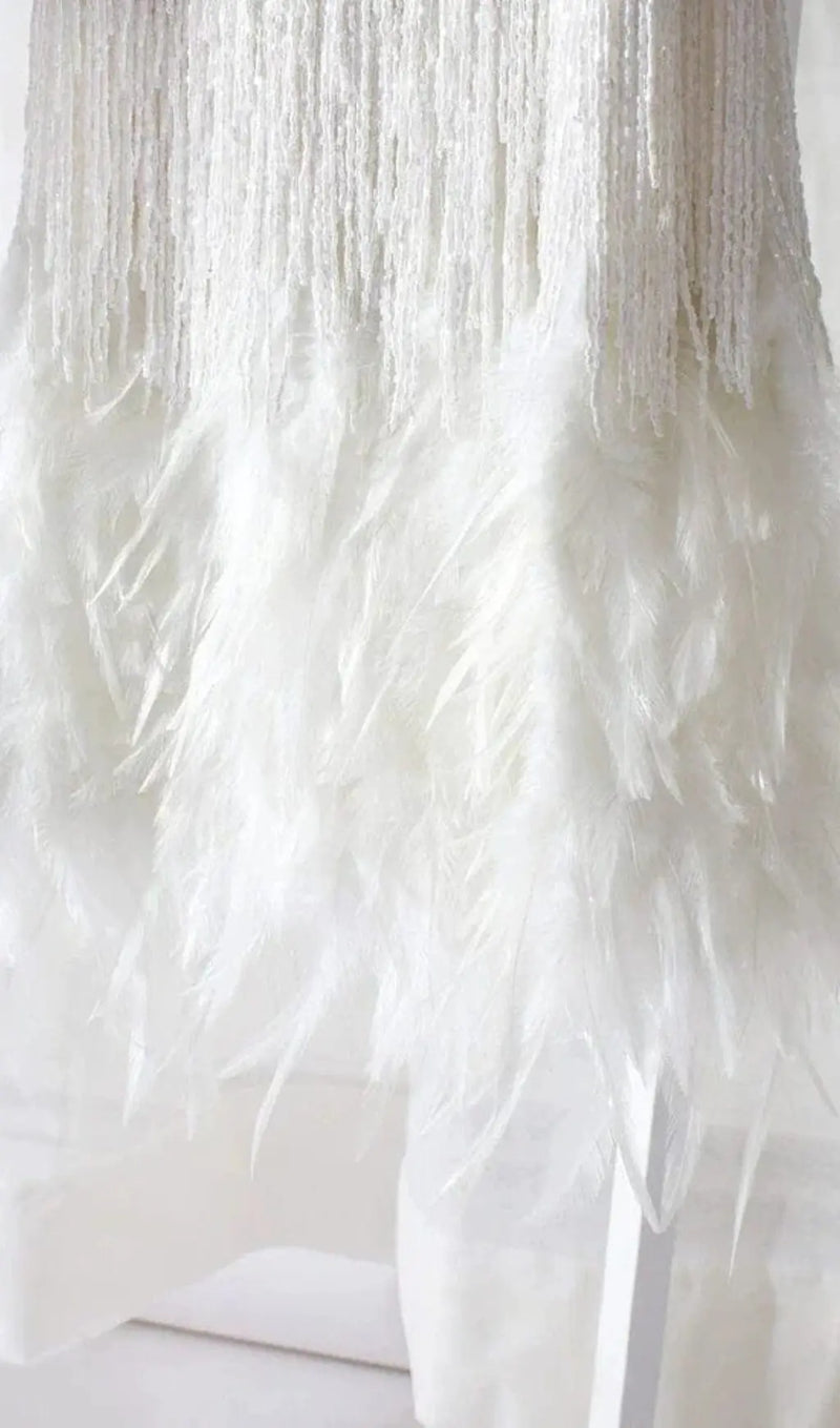TASSEL FEATHER MINI DRESS IN WHITE-Fashionslee