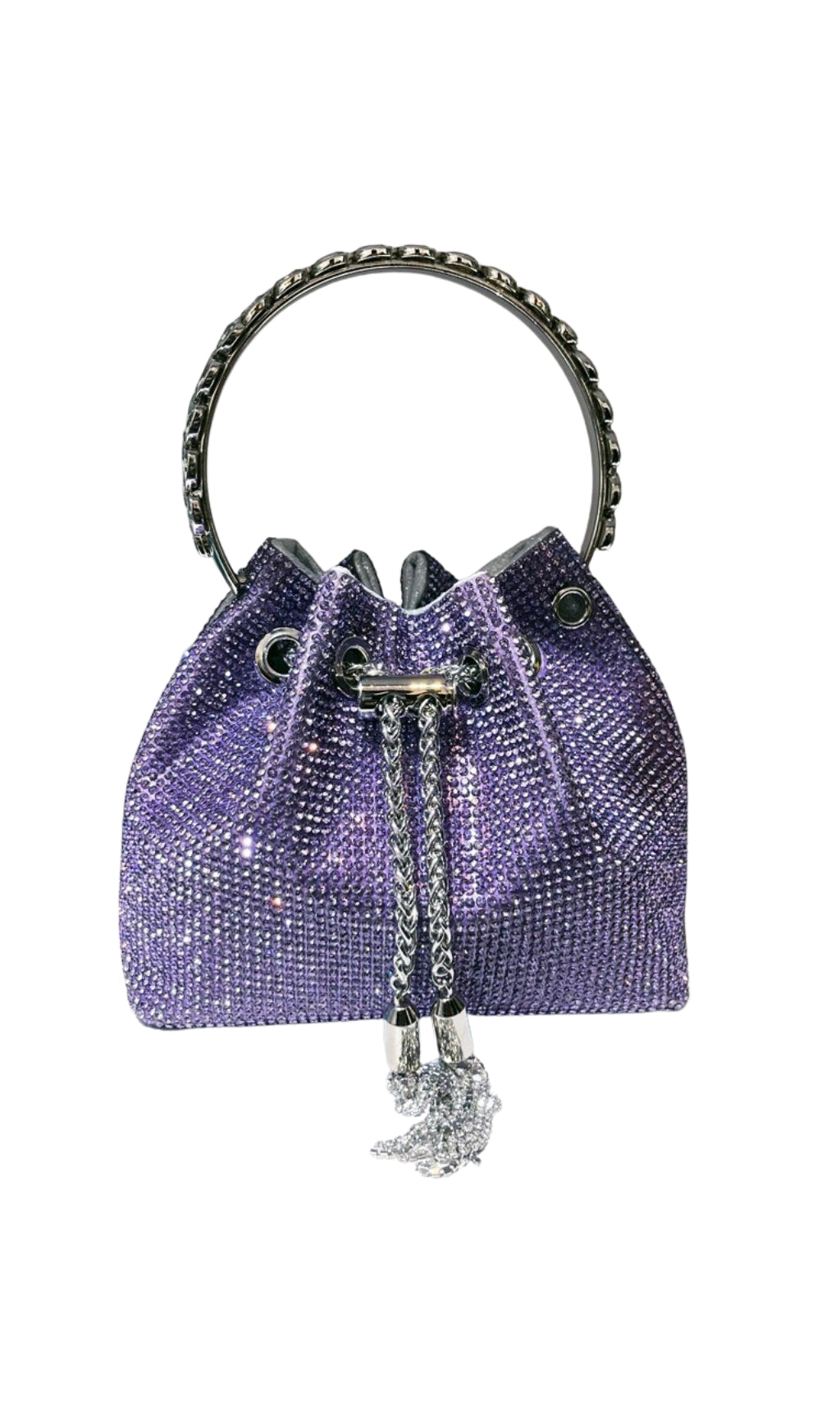 CRYSTAL EMBELLISHED BUCKET BAG IN PURPLE | Fashionslee