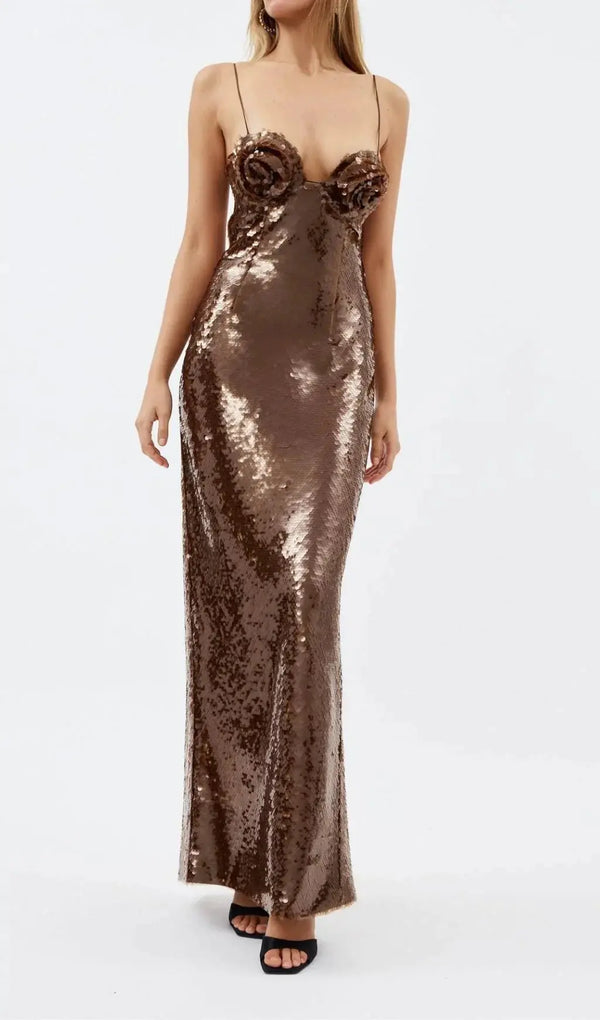 SEQUIN MAXI DRESS IN BROWN-Fashionslee