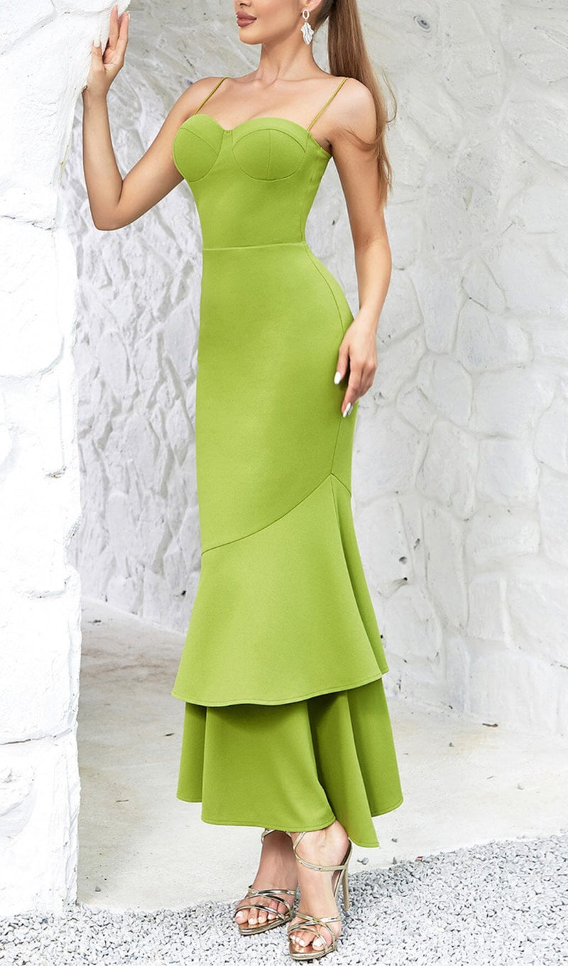 STRAPPY FISHTAIL MAXI DRESS IN GREEN-Fashionslee
