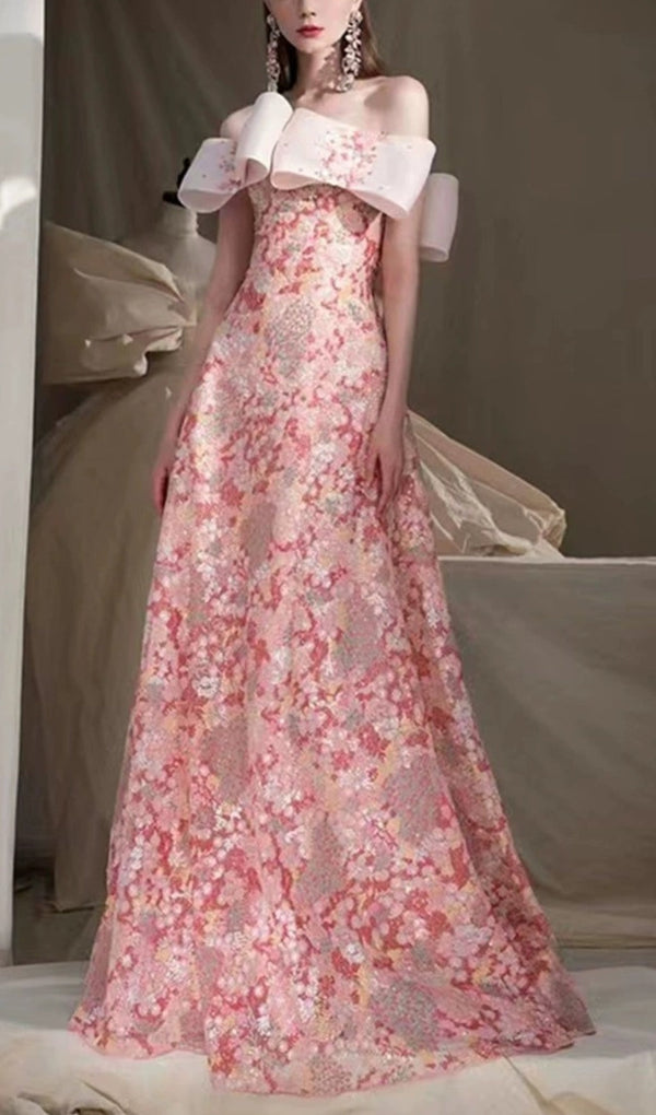 STRAPLESS FLORAL A-LINE MAXI DRESS-Fashionslee