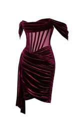 IRISA BURGUNDY DRAPING OFF SHOULDER CORSET DRESS-Fashionslee