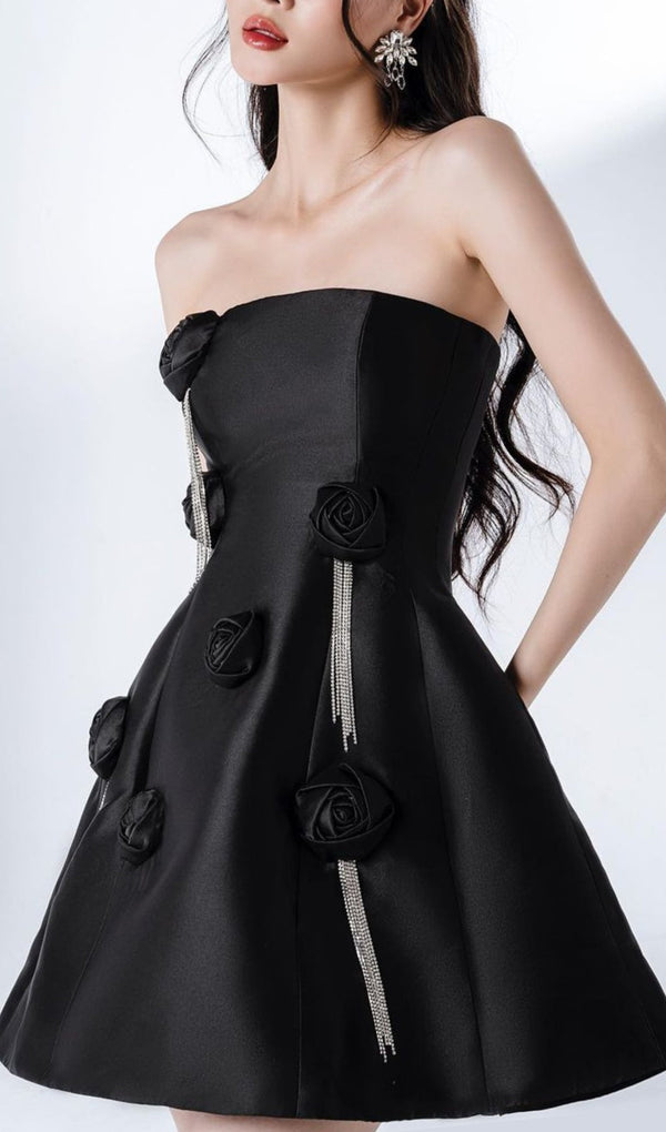 BLACK FLORAL FRINGED MINI DRESS-Fashionslee