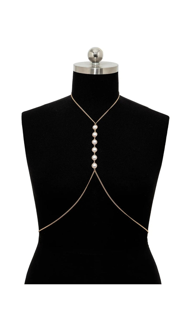 PEARL CROSSOVER CHEST BODY CHAIN IN GOLD-Fashionslee