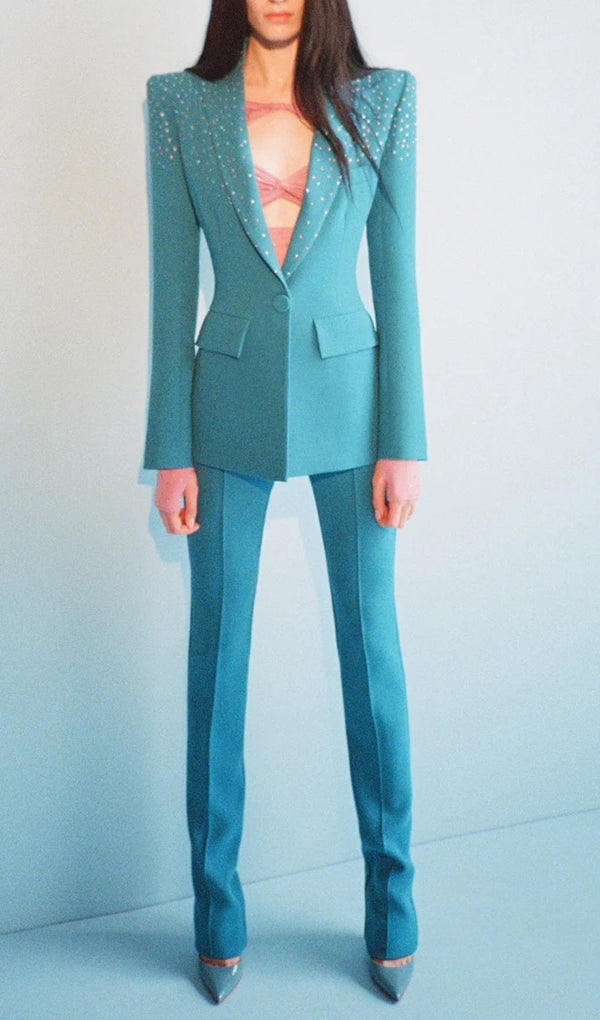 RHINESTONE BLAZER SET IN BLUE-Fashionslee