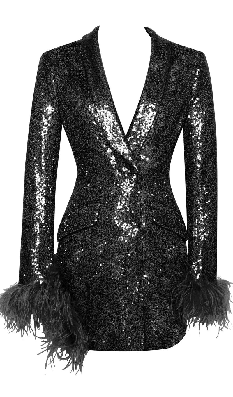 BLACK SEQUIN FEATHER TRIM BLAZER DRESS-Fashionslee