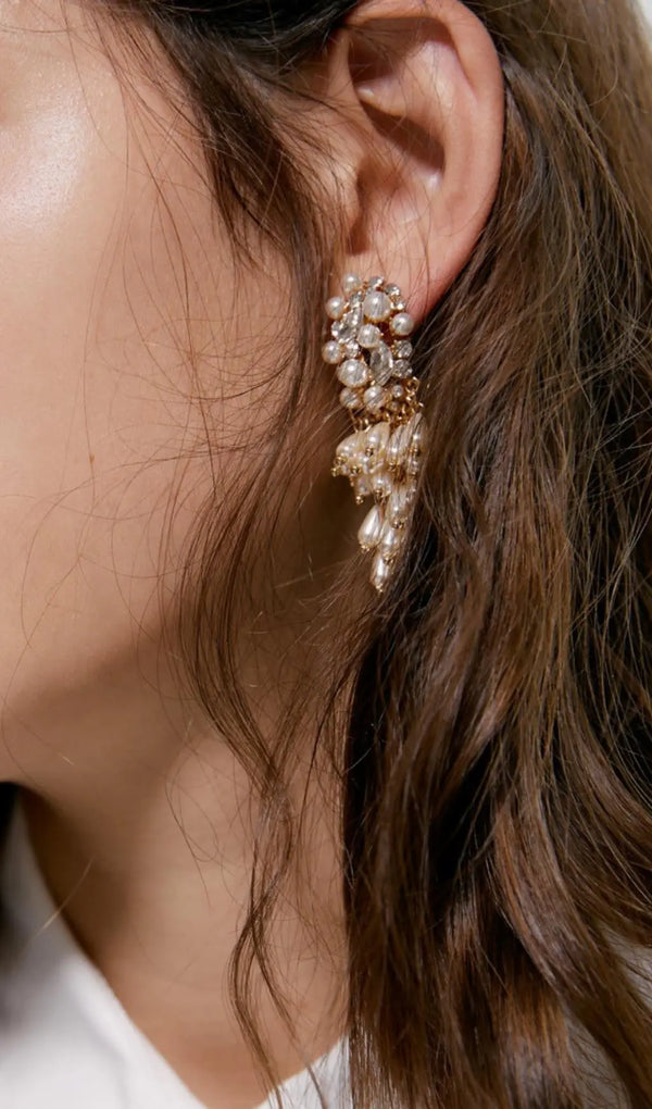 PEARL TASSEL DIAMOND EARRINGS-Fashionslee