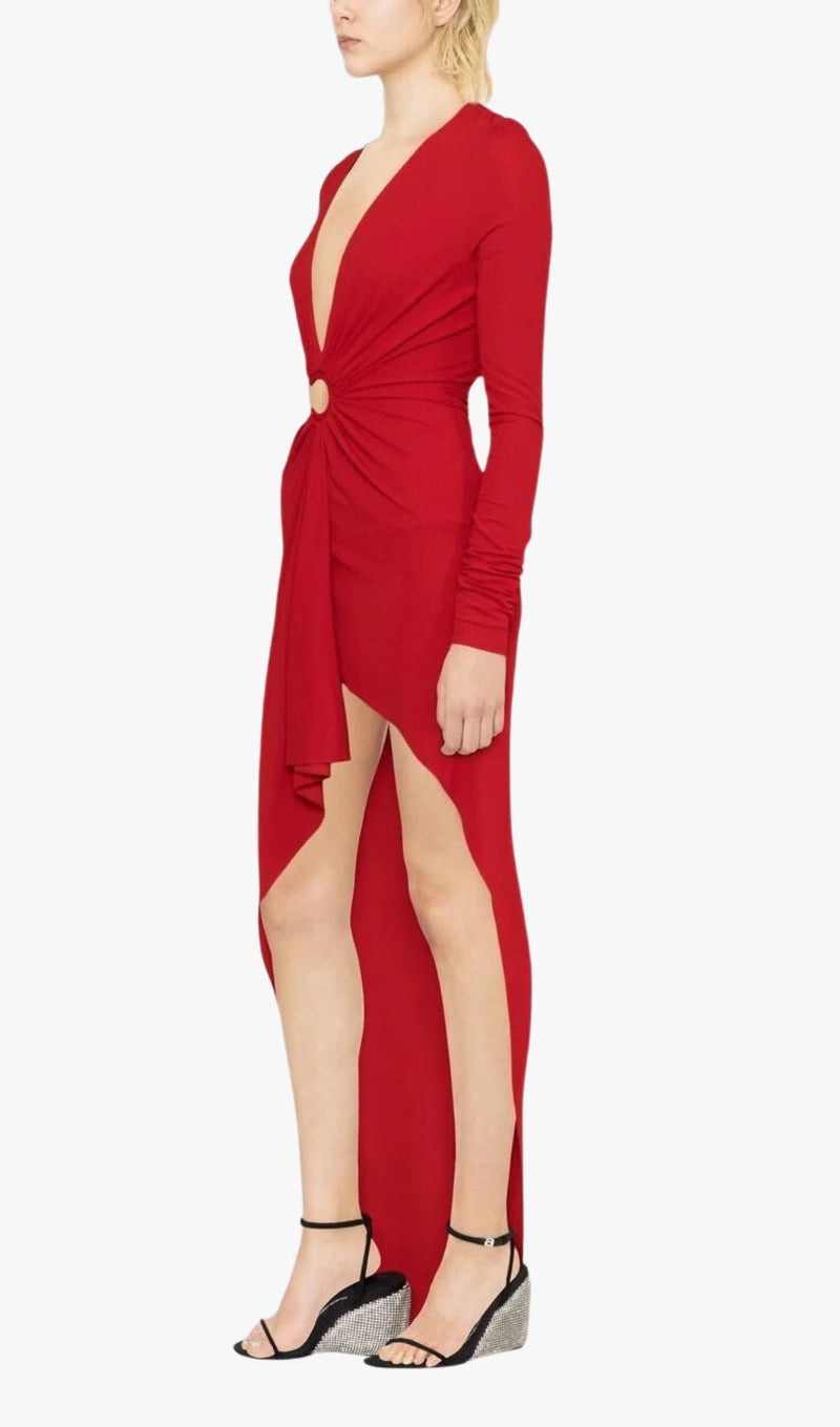RED V-NECK LONG-SLEEVE SPLIT DRESS-Fashionslee