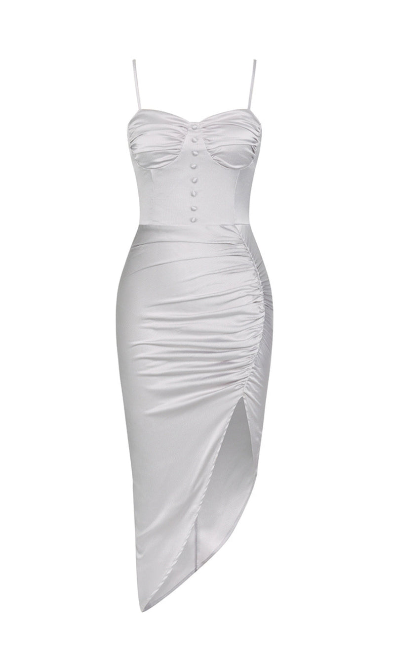 SATIN RUCHED DRESS IN GREY-Fashionslee