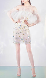 FLORAL SEQUINED MINI DRESS IN WHITE-Fashionslee