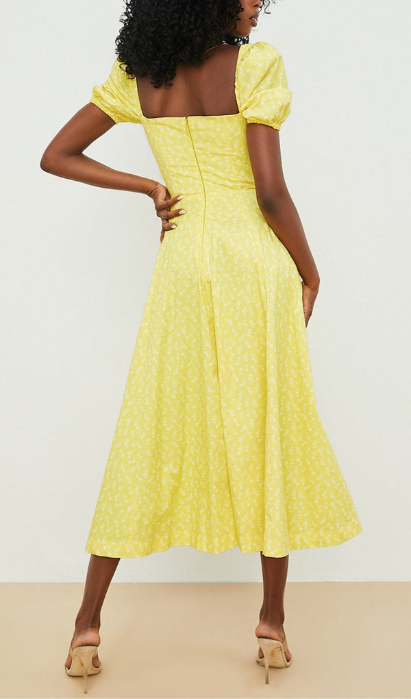 VINTAGE FLORAL PUFF SLEEVE MIDI DRESS IN YELLOW-Fashionslee