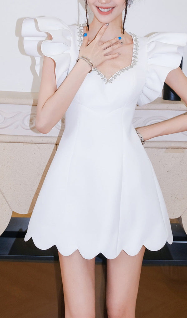 WHITE DIAMOND CHAIN V-NECK PETAL SLEEVE MINI DRESS-Fashionslee