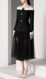 BOTTONS MESH TWO-PIECE SET DRESS IN BLACK-Fashionslee