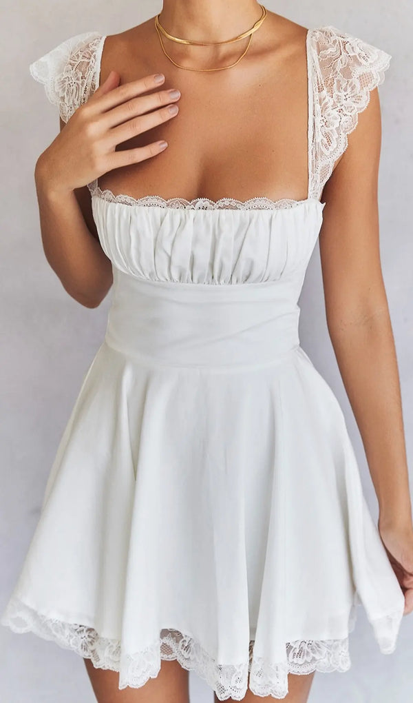 SATIN LACE MINI DRESS IN WHITE-Fashionslee
