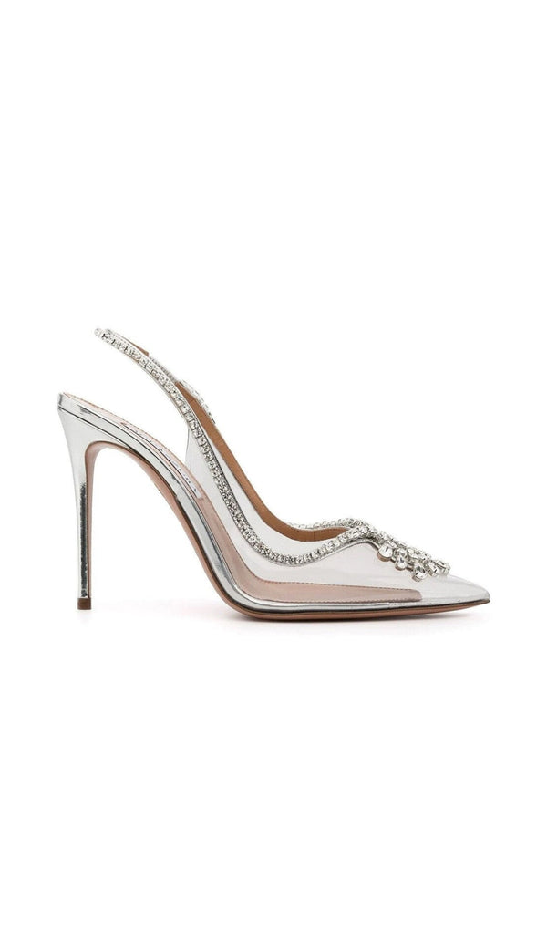 CRYSTAL CUTOUT EMBELLISHED PUMPS IN SILVER-Fashionslee