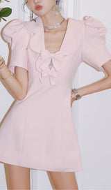Pink Bow Puff Sleeve Mini Dress-Fashionslee