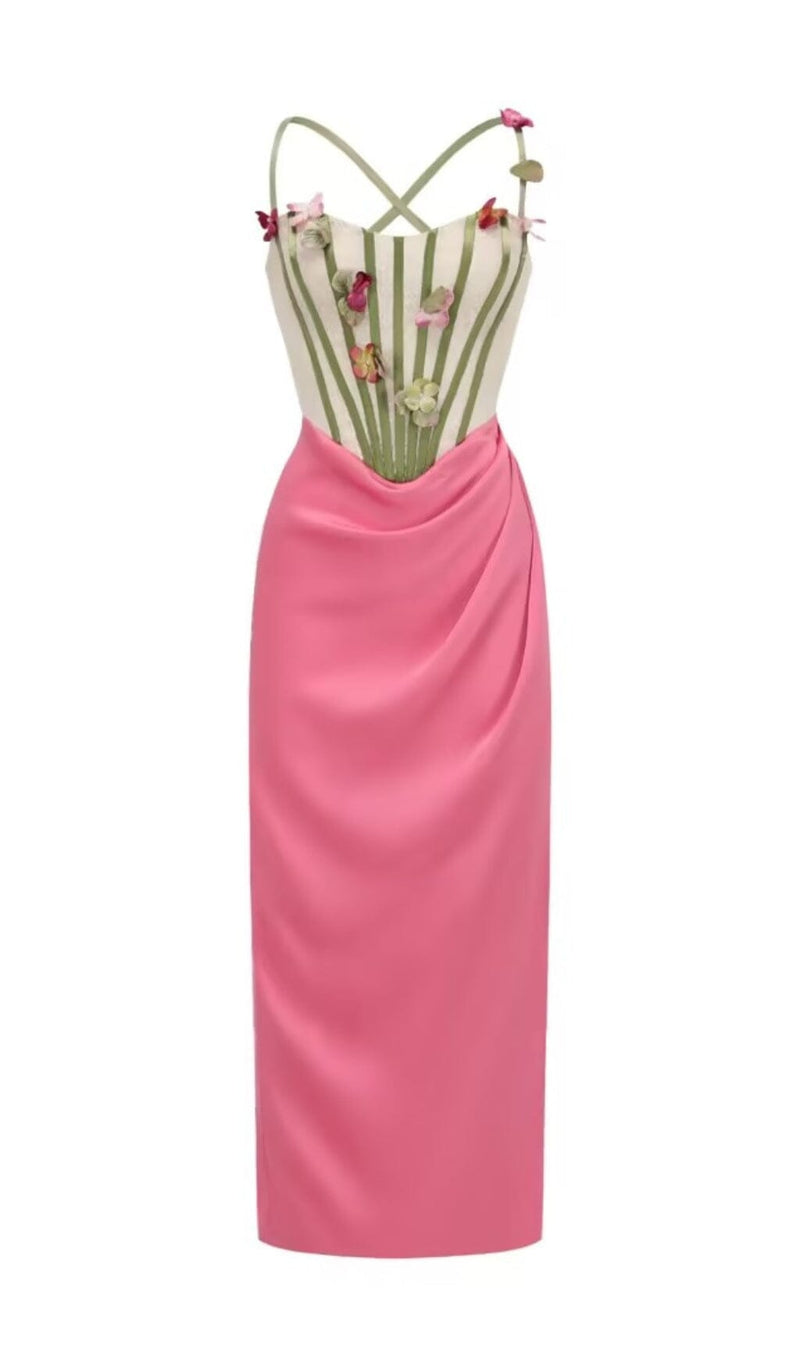 FLOWER VINE CORSET MIDI DRESS IN PINK-Fashionslee