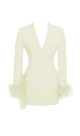 PEARL WHITE FEATHER TRIM BLAZER DRESS-Fashionslee