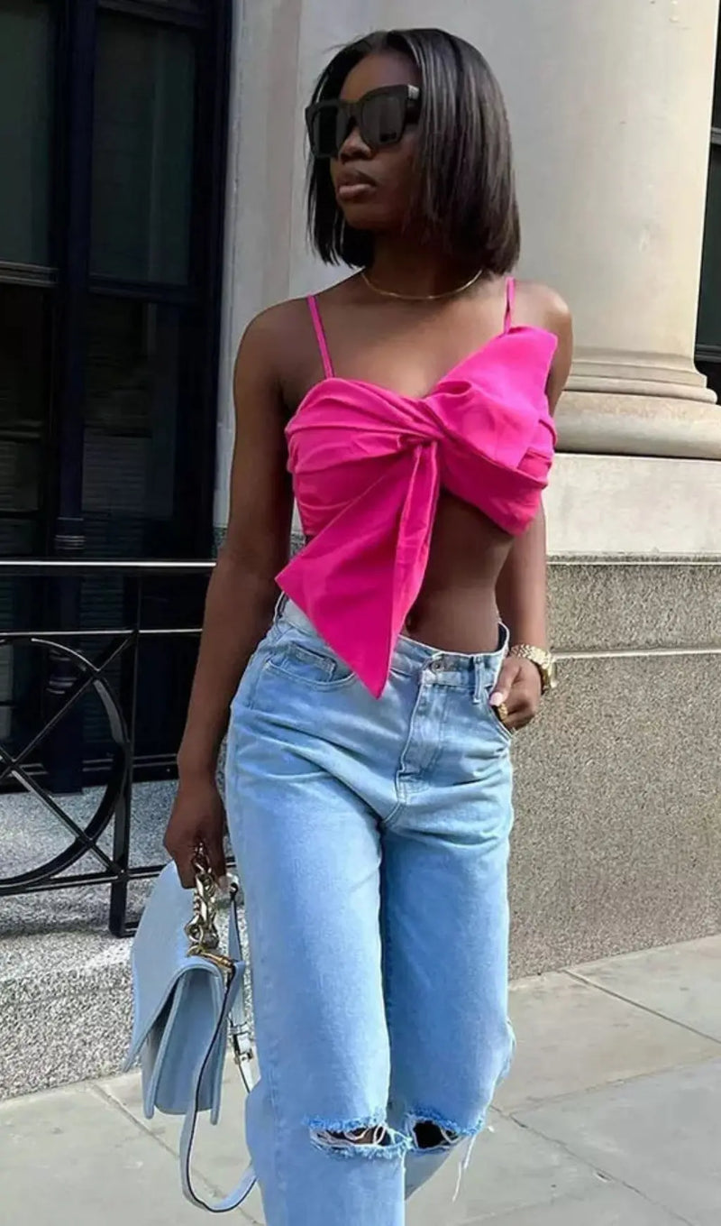 PINK TIED BOW CROP TOP-Fashionslee