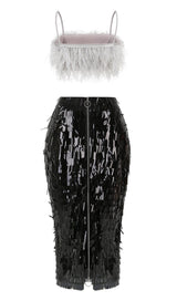 FEATHER TOP SEQUIN MIDI DRESS IN BLACK-Fashionslee