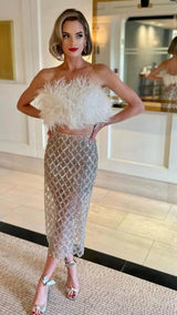 FEATHER SEQUIN TWO PIECE SET IN WHITE-Fashionslee