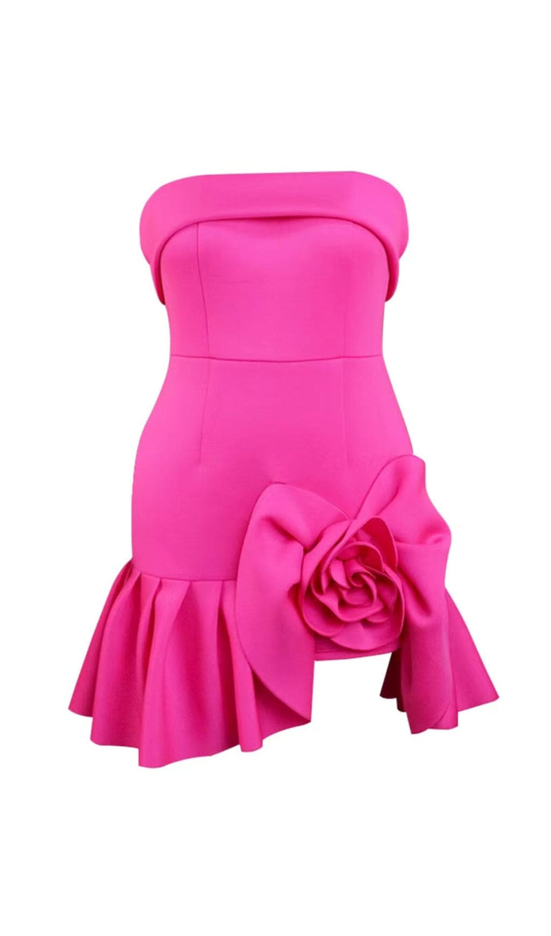 STRAPLESS FLOWER RUCHED MINI DRESS IN HOT PINK-Fashionslee