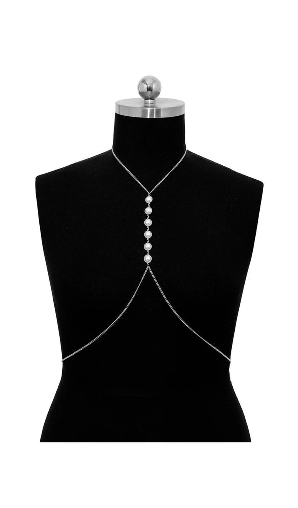PEARL CROSSOVER CHEST BODY CHAIN IN SILVER-Fashionslee