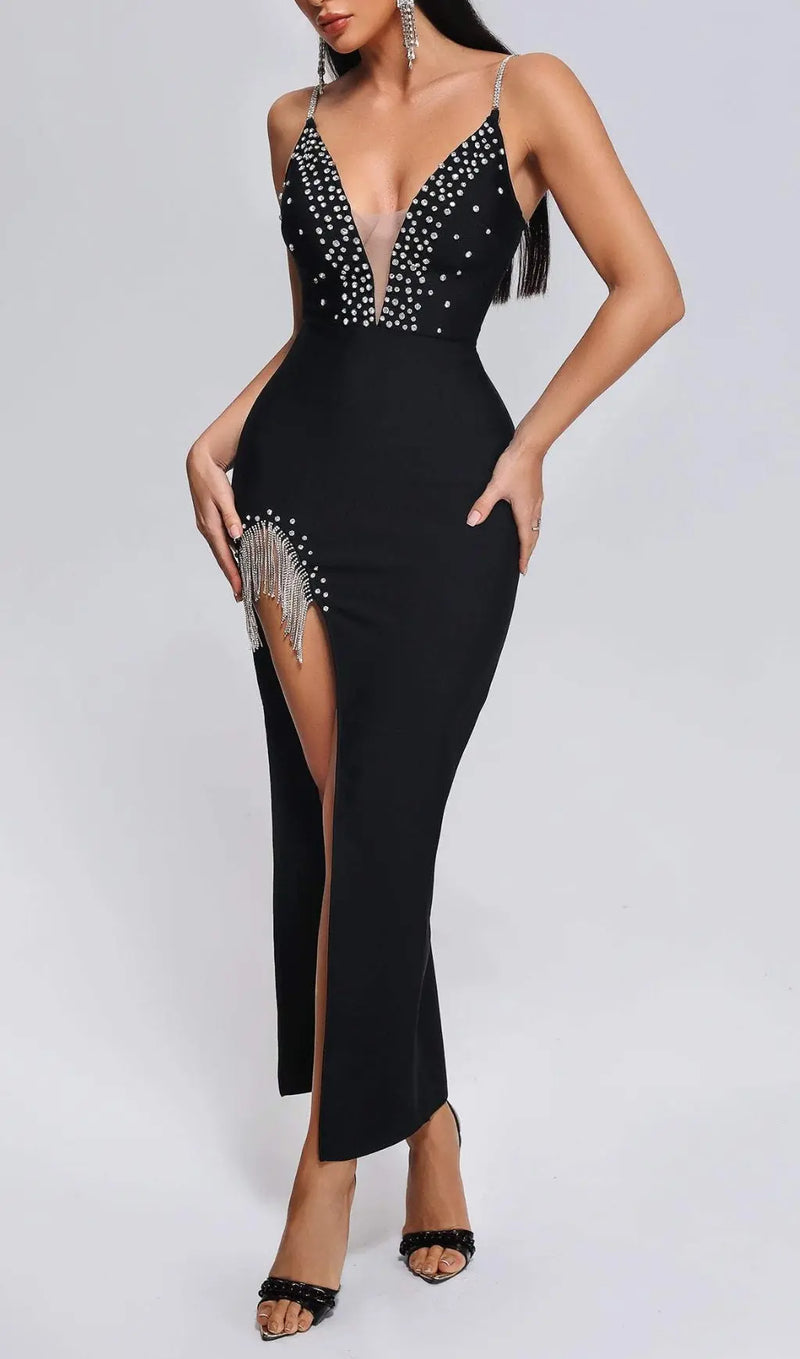 Diamonate Slit Maxi Bandage Dress - Black-Fashionslee