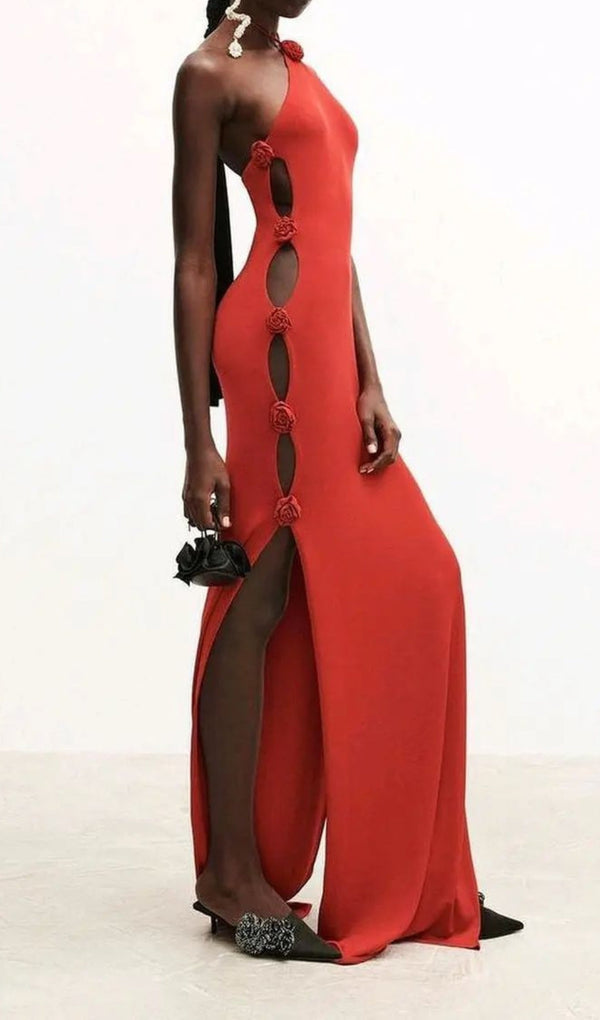 RED HOLLOW SHOULDER FLOWER KNOT DRESS-Fashionslee