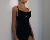 KNIT DRESS WITH SEASHELLS BREAST AND HIGH SLIT BLACK-Fashionslee