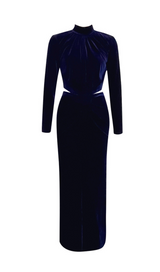 DARK BLUE HALF-HIGH COLLAR LONG-SLEEVED HOLLOW TIGHT SLIT MAXI DRESS-Fashionslee