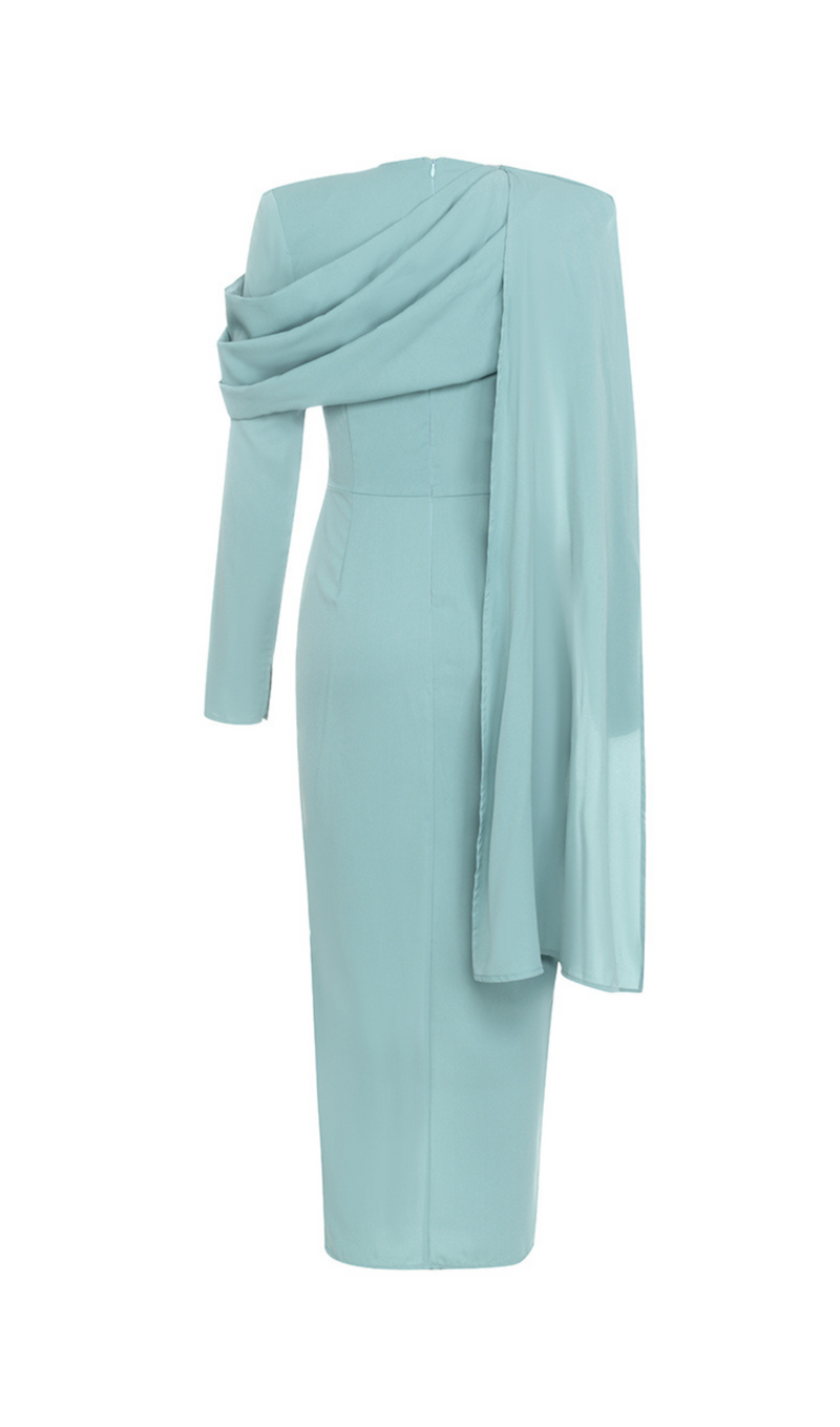 GRAY AND BLUE SINGLE-BREASTED BUTTON LONG-SLEEVED FRILL V-NECK RIBBON MIDI DRESS-Fashionslee