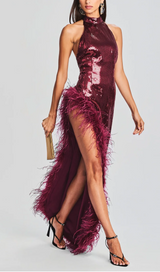 RED SLIT SEQUIN FEATHER MAXI DRESS-Fashionslee