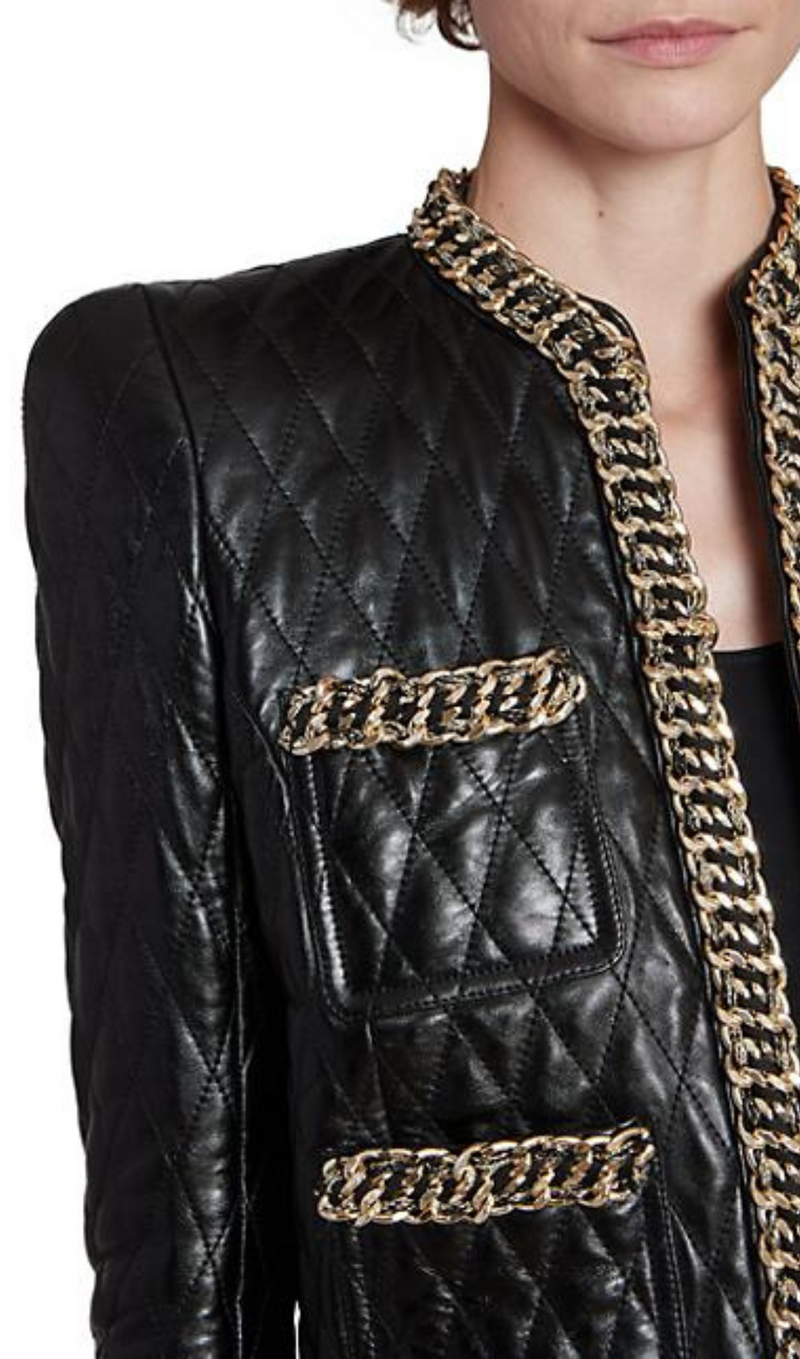 BLACK QUILTED LEATHER CHAIN SUIT-Fashionslee
