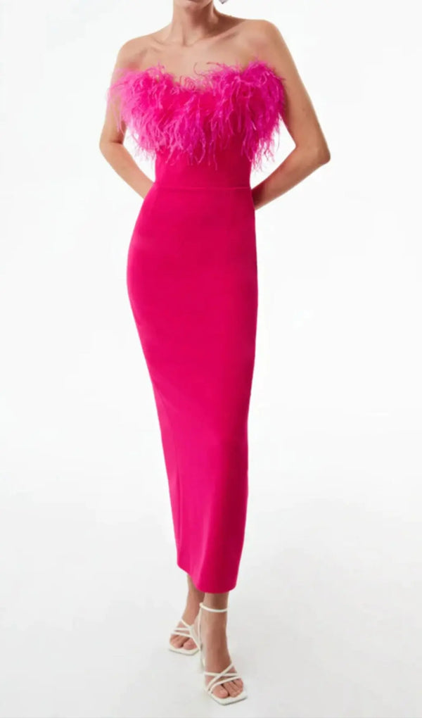 FEATHER BODYCON MAXI DRESS IN PINK-Fashionslee