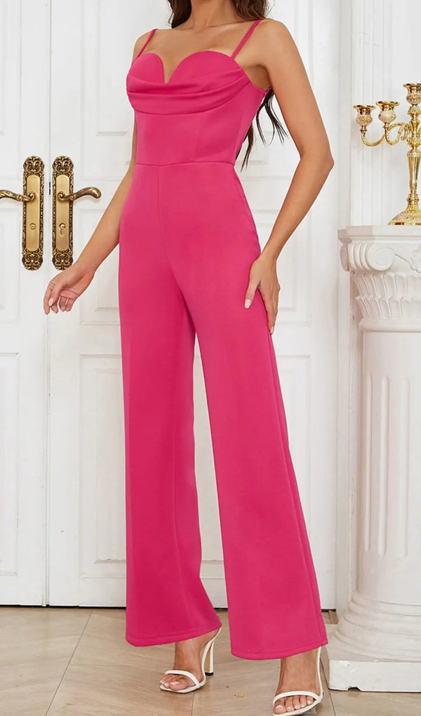 BANDAGE V NECK JUMPSUIT IN ROSE RED-Fashionslee