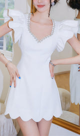 WHITE DIAMOND CHAIN V-NECK PETAL SLEEVE MINI DRESS-Fashionslee