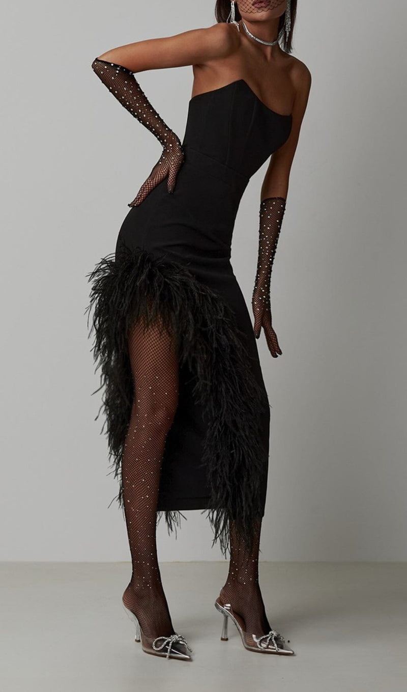 FEATHER HIGH-LOW DRESS IN BLACK-Fashionslee