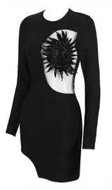 FLOWER LONG SLEEVE MINI BANDAGE DRESS IN BLACK-Fashionslee