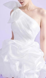 WHITE ONE SHOULDER BOWKNOT MINI DRESS-Fashionslee