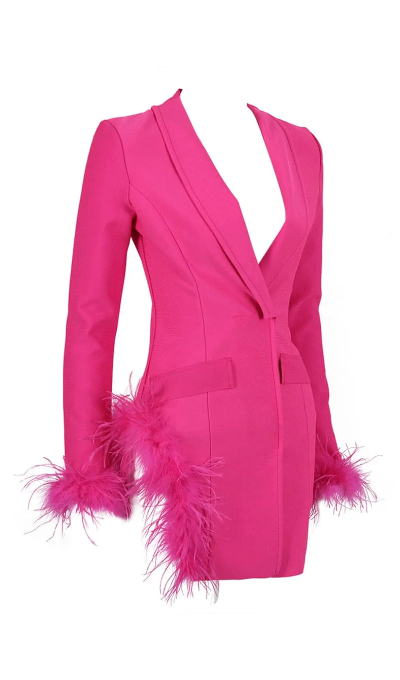 FEATHER JACKET DRESS IN HYPER PINK-Fashionslee
