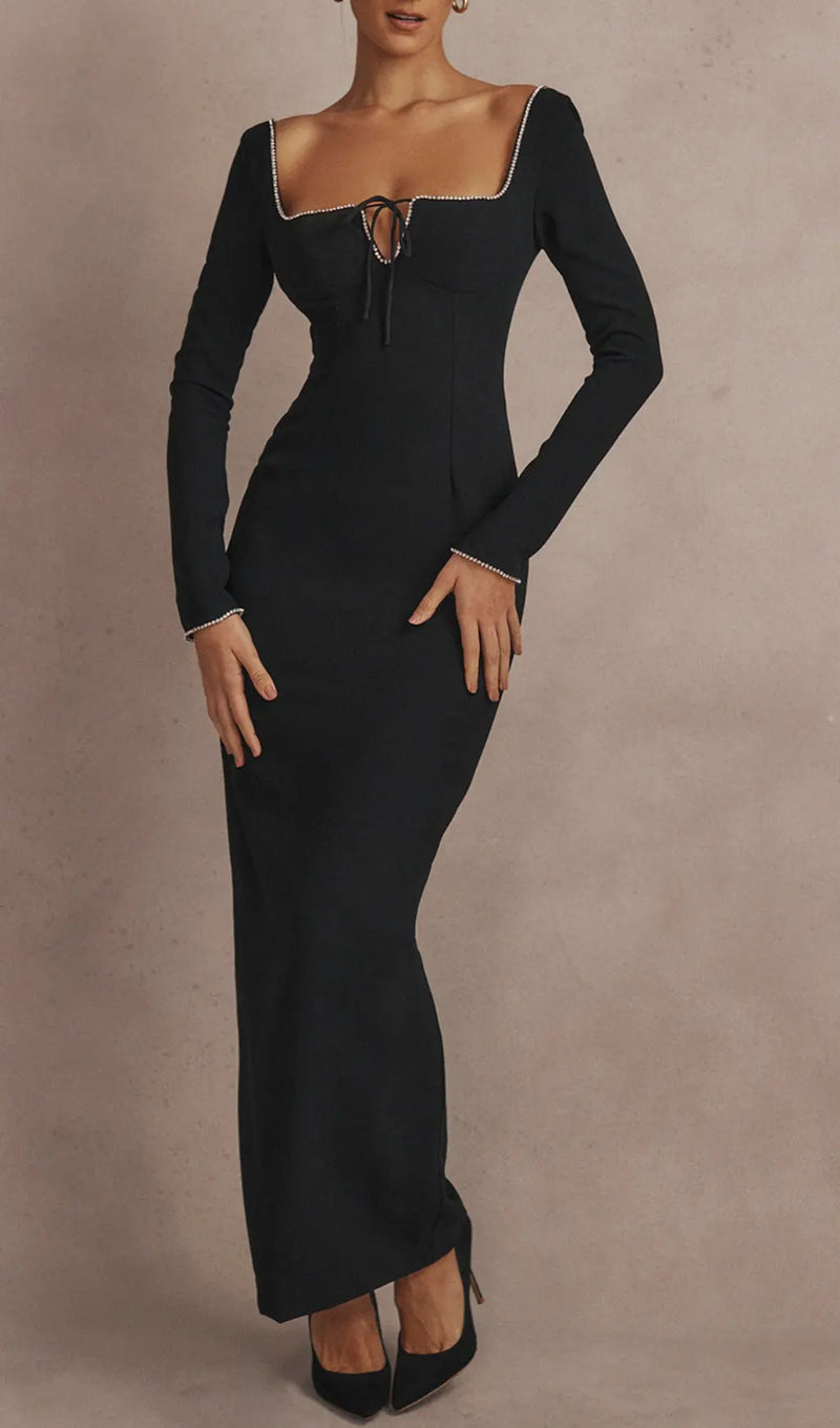 BLACK CRYSTAL EMBELLISHED MAXI DRESS-Fashionslee