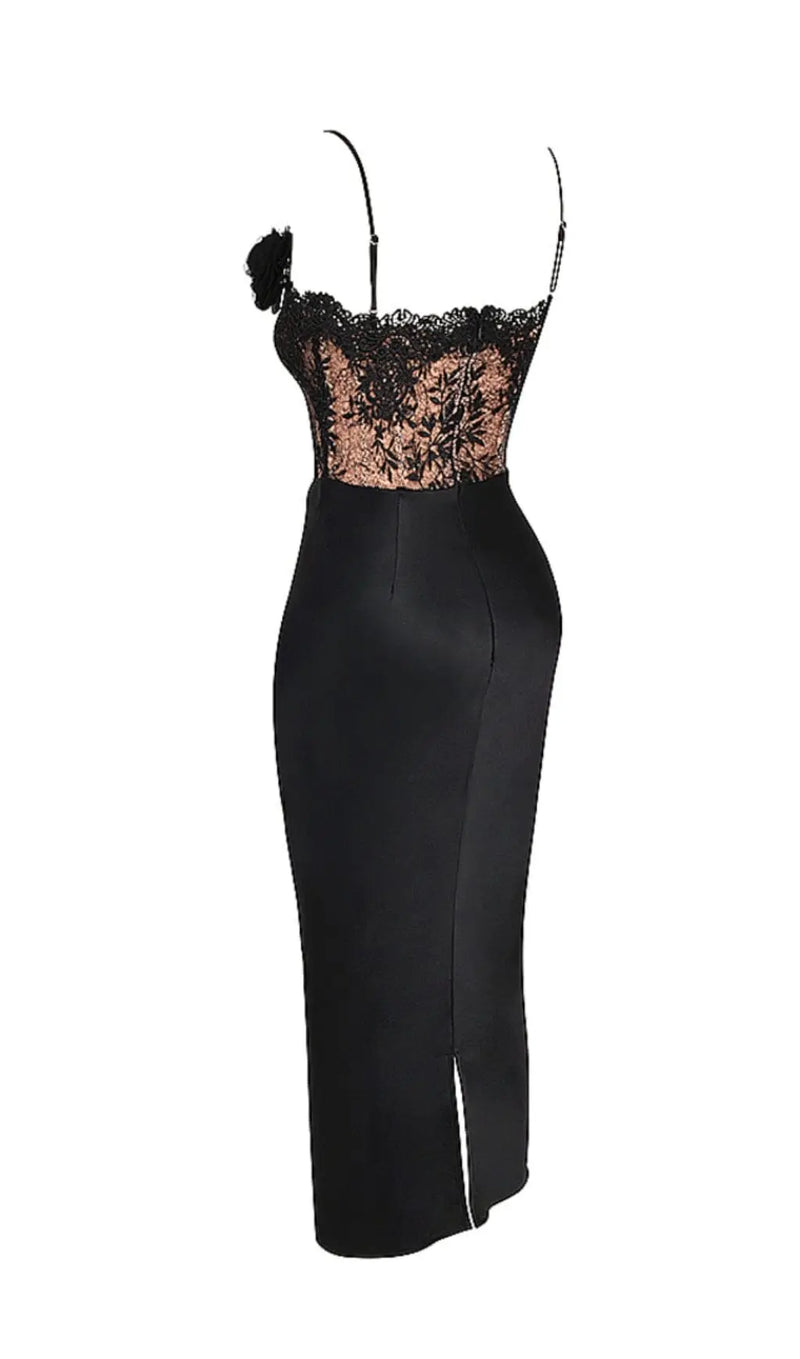 BLACK SATIN AND LACE CORSET DRESS-Fashionslee