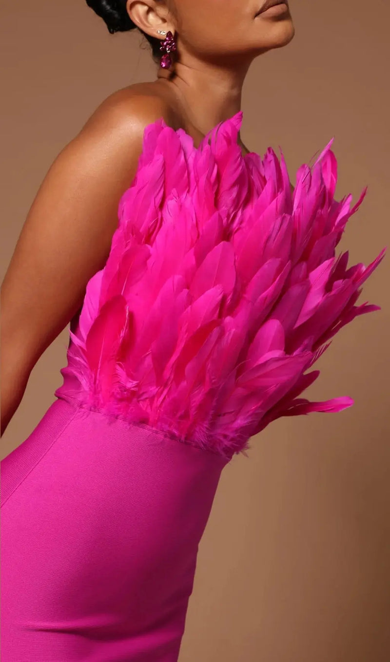 SLEEVELESS BACKLESS FEATHER-DECORATED SLIM MIDI DRESS IN PINK-Fashionslee