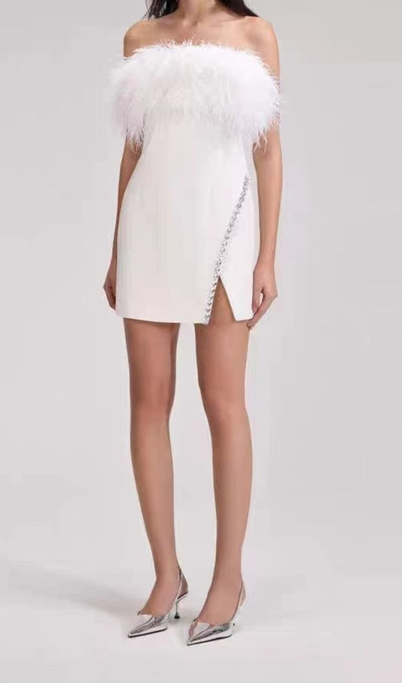 BANDAGE FEATHER CRYSTAL MINI DRESS IN WHITE-Fashionslee