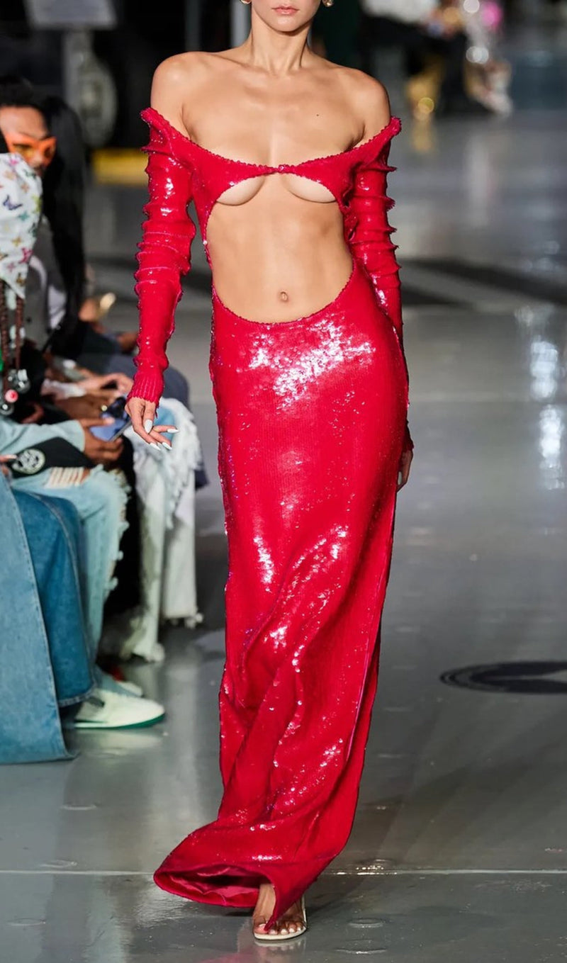 SEQUIN-EMBROIDERED CUT-OUT MAXI DRESS IN RED-Fashionslee
