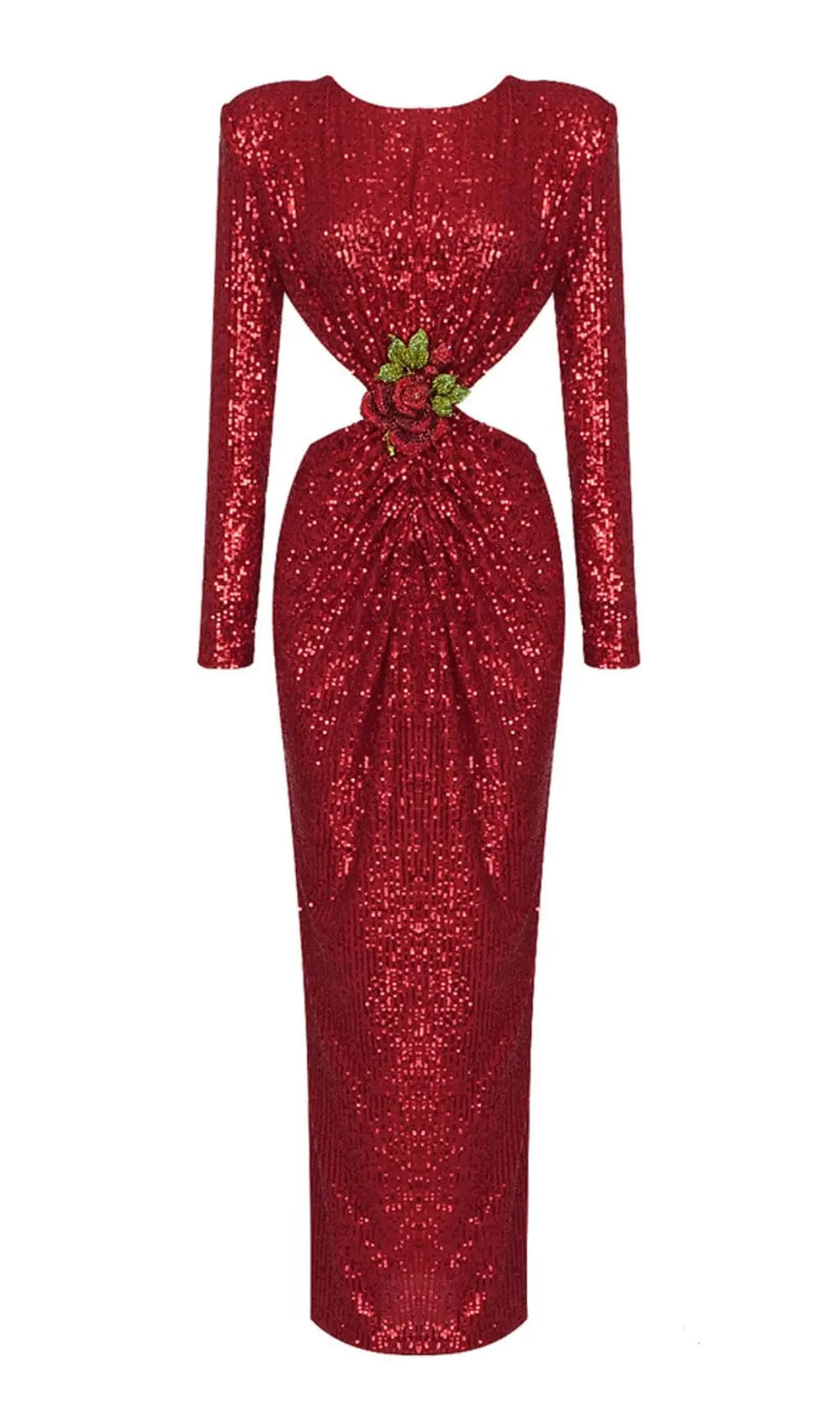 SEQUIN CUTOUT BACKLESS MAXI DRESS IN RED-Fashionslee