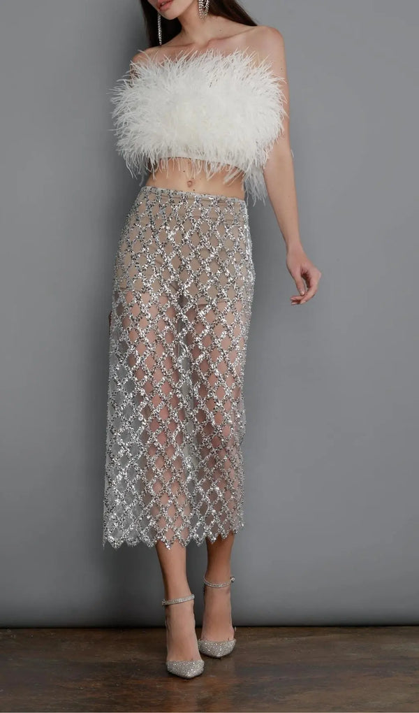 FEATHER SEQUIN TWO PIECE SET IN WHITE-Fashionslee