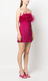 SEQUIN FEATHER STRAPLESS MINI DRESS IN HOT PINK-Fashionslee
